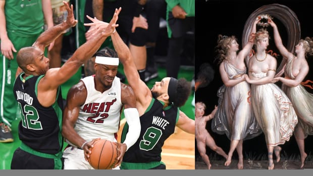 Photo of Al Horford and Derrick White encircling Jimmy Butler is juxtaposed with the Three Graces